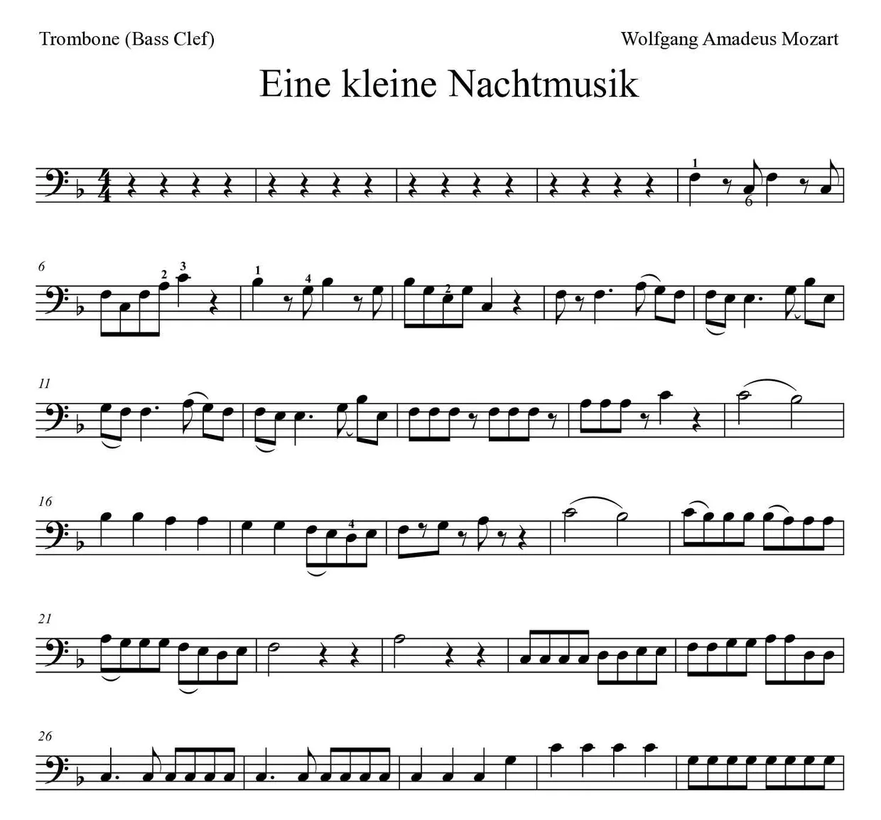 ‘Eine kleine Nachtmusik’ Trombone 악보의 첫 몇 줄