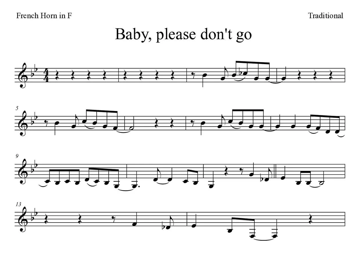 ‘Baby, please don't go’ French Horn 악보의 첫 몇 줄