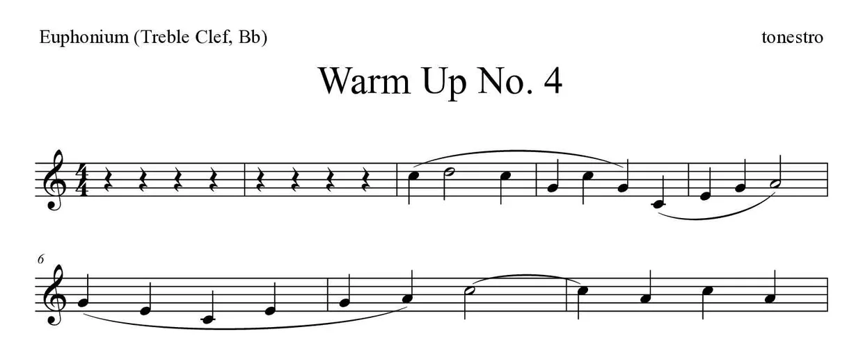 Partitura de Warm Up No. 4 para bombardino (clave de Sol, Sib), primeras líneas