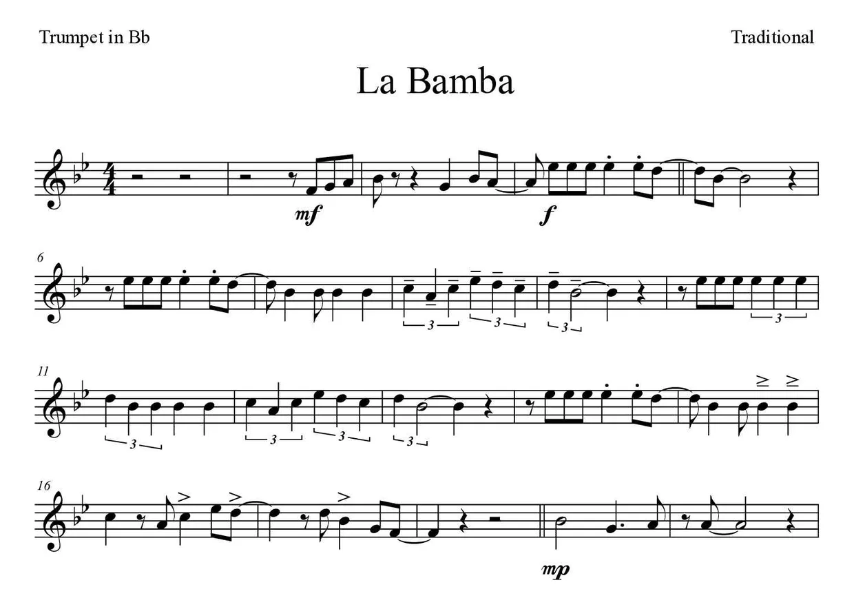 「La Bamba」Trumpet in Bb用楽譜の最初の数段