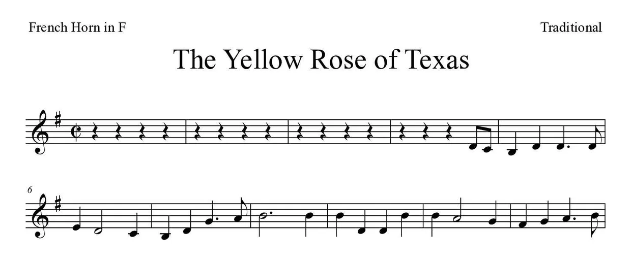 Partitura de The Yellow Rose of Texas para trompa, primeiras linhas