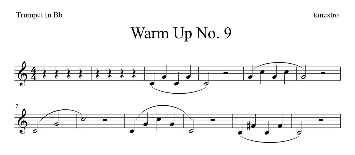 Sheet music of Warm Up No. 9 for trumpet in Bb (Medium), first lines