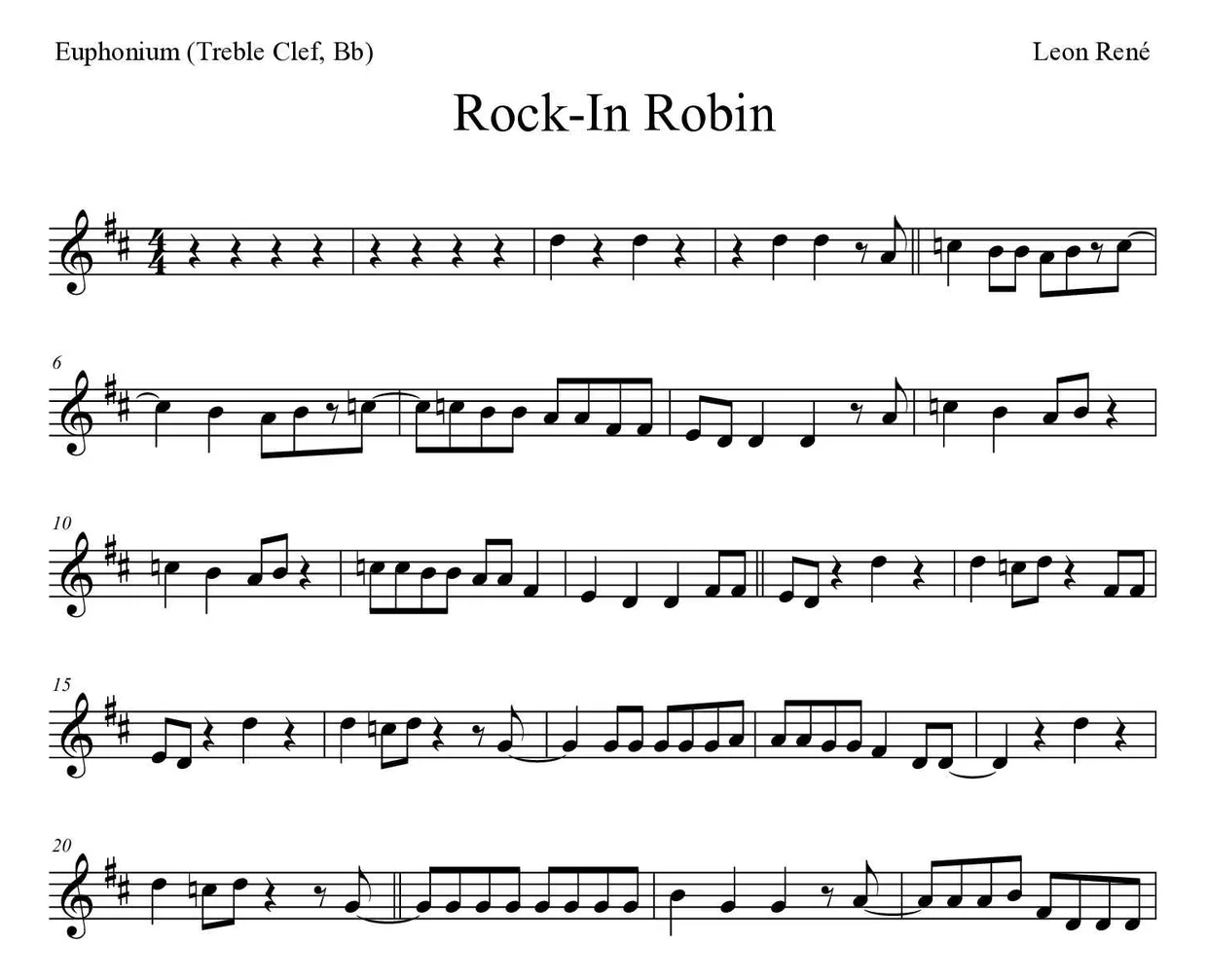《Rock-In Robin》上低音号（高音谱号，降B调）乐谱前几行