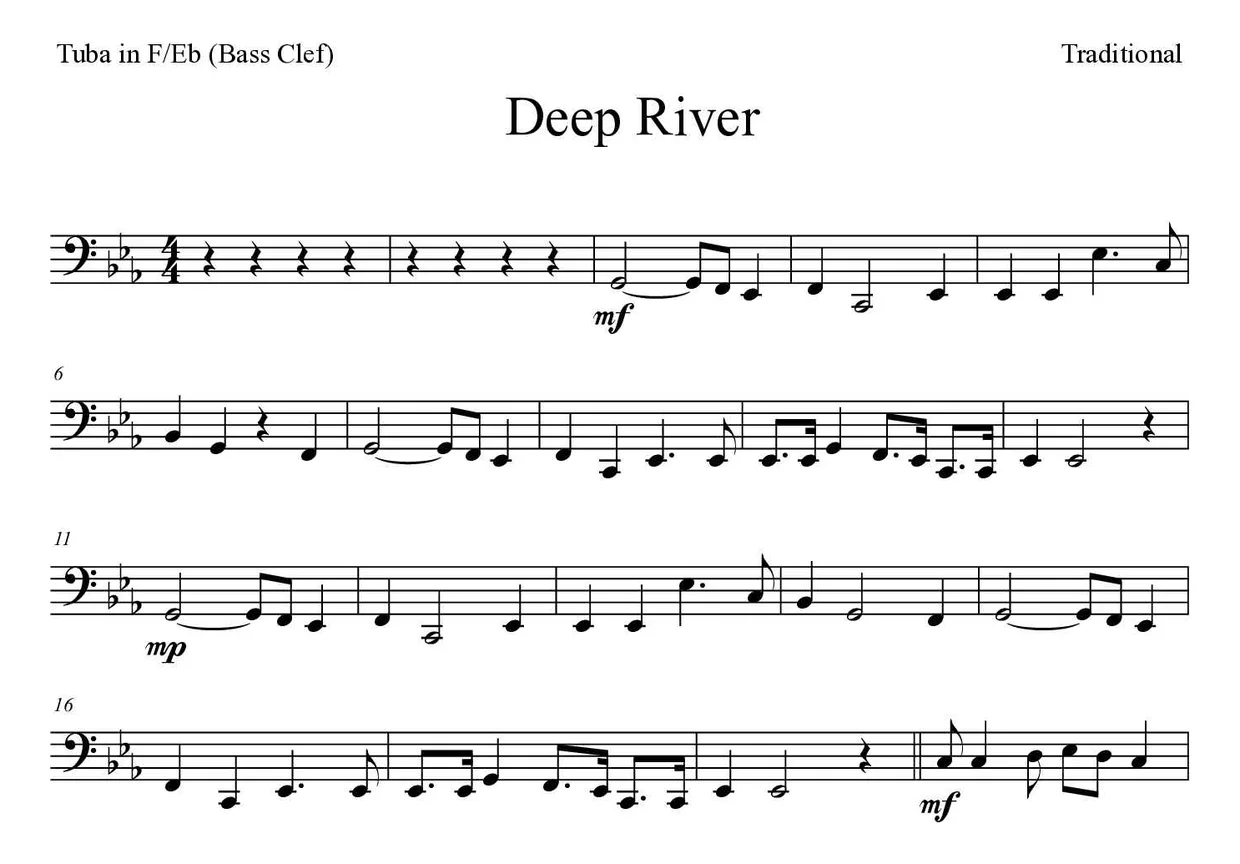 Partition de Deep River pour tuba en fa/mi bémol (clé de fa), premières lignes