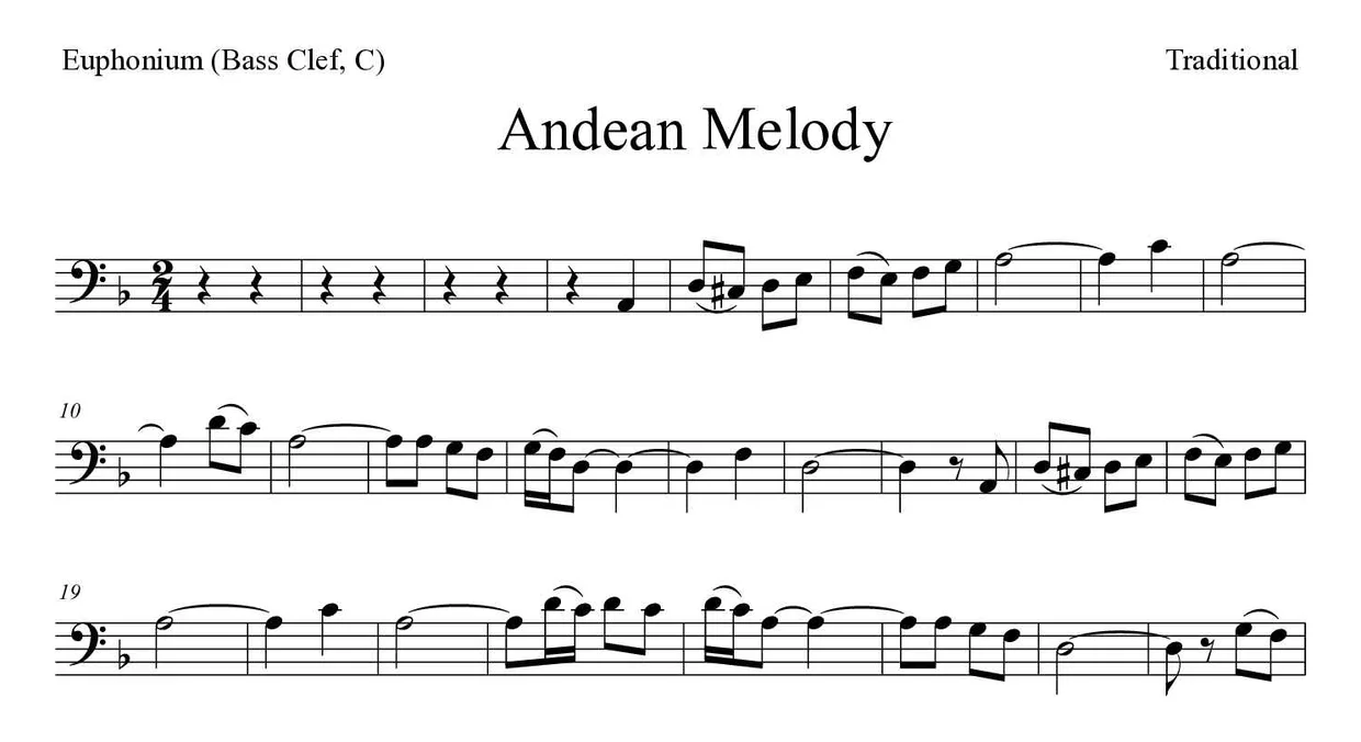 Noten von Andean Melody für Euphonium (Bassschlüssel, C) (Mittel), erste Zeilen