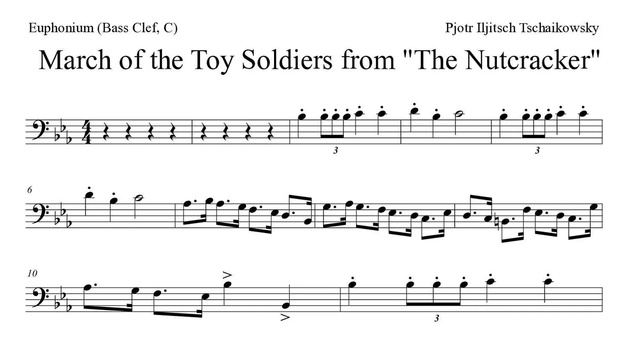 Partitura de March of the Toy Soldiers from "The Nutcracker" para eufónio (clave de Fa, C), primeiras linhas