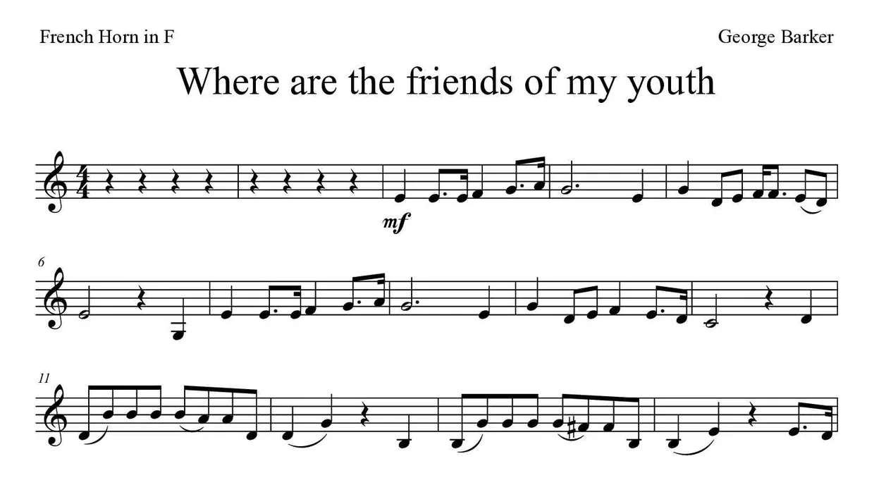 「Where are the friends of my youth」French Horn用楽譜の最初の数段
