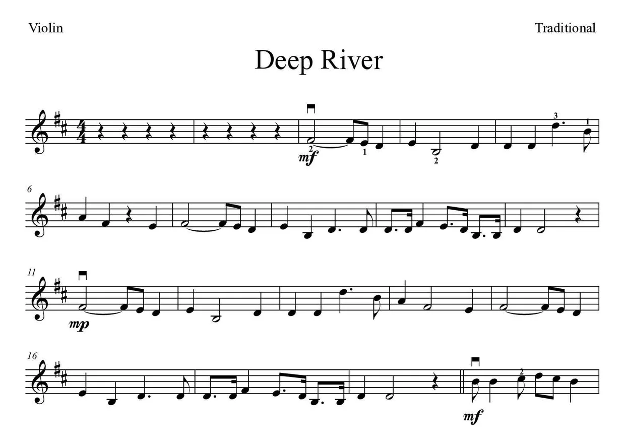 Partition de Deep River pour violon, premières lignes
