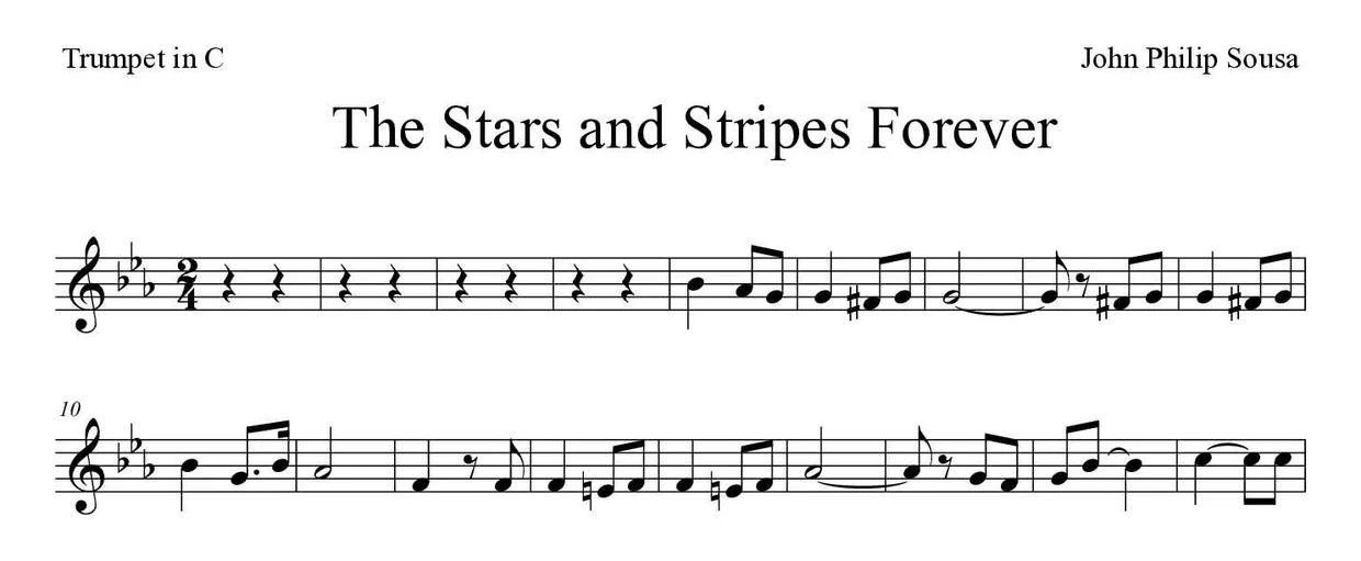 Partitura de The Stars and Stripes Forever para trompeta en Do, primeras líneas