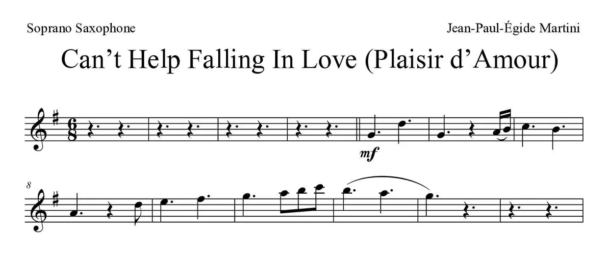 Sheet music of Can’t Help Falling In Love (Plaisir d’Amour) for soprano saxophone (Hard), first lines