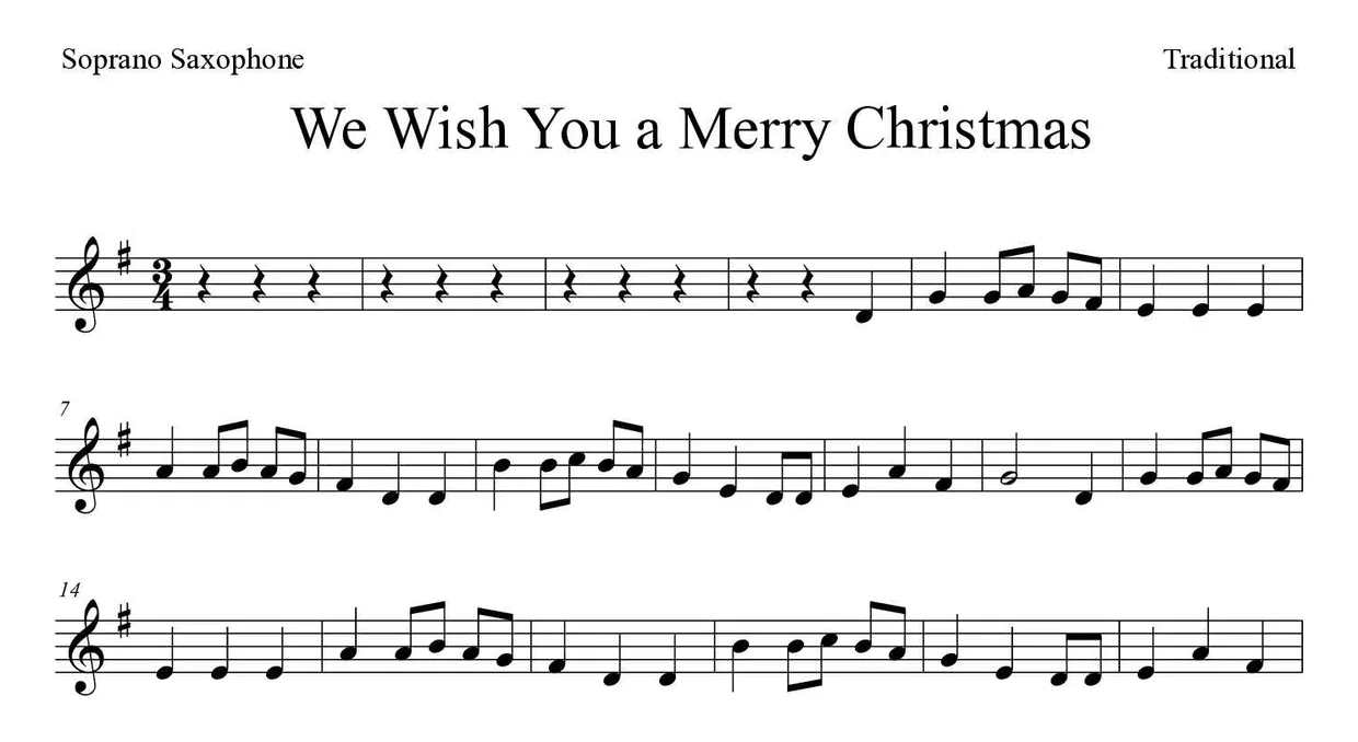 「We Wish You a Merry Christmas」Soprano Saxophone用楽譜の最初の数段