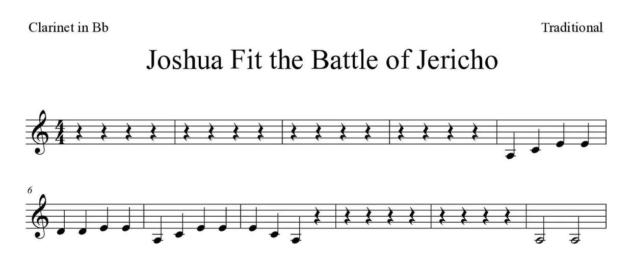「Joshua Fit the Battle of Jericho」Clarinet用楽譜の最初の数段