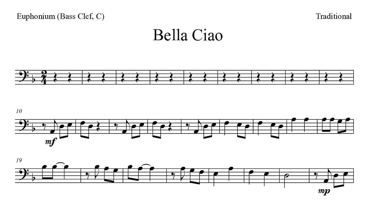 Partition de Bella Ciao pour euphonium (clé de fa, do), premières lignes