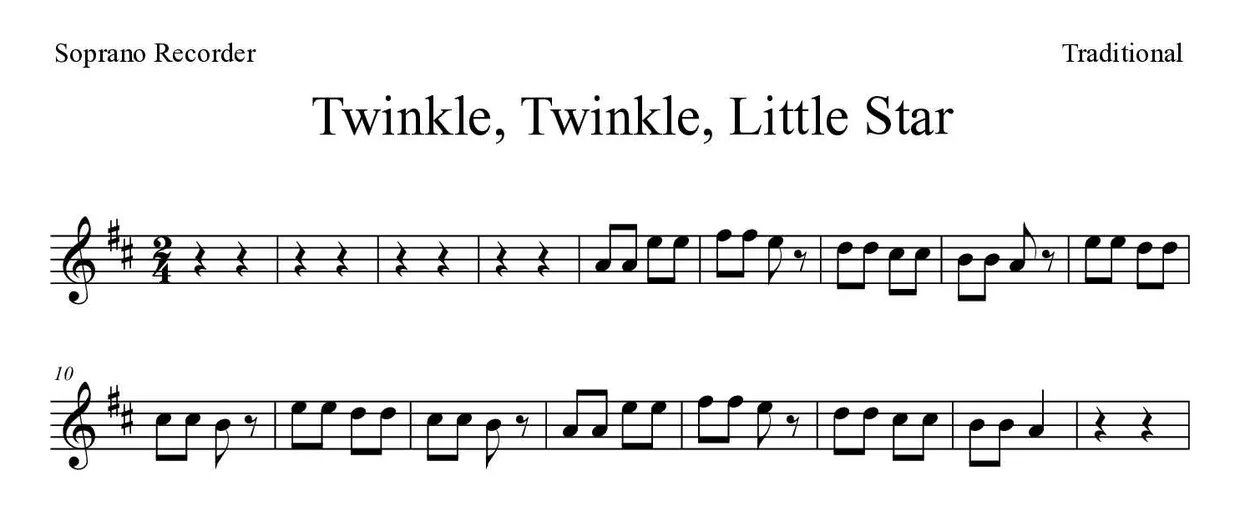 「Twinkle, Twinkle, Little Star」Recorder用楽譜の最初の数段