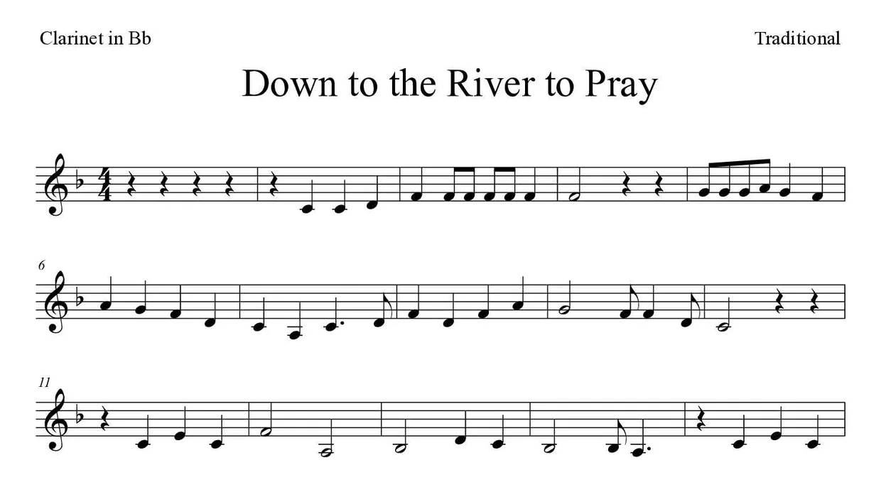 「Down to the River to Pray」Clarinet用楽譜の最初の数段