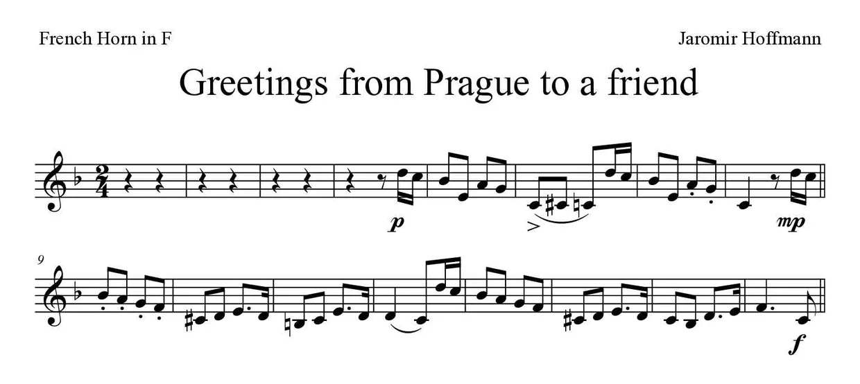 Spartito di Greetings from Prague to a friend per French horn, prime righe