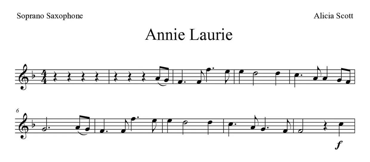 Partition de Annie Laurie pour saxophone soprano, premières lignes