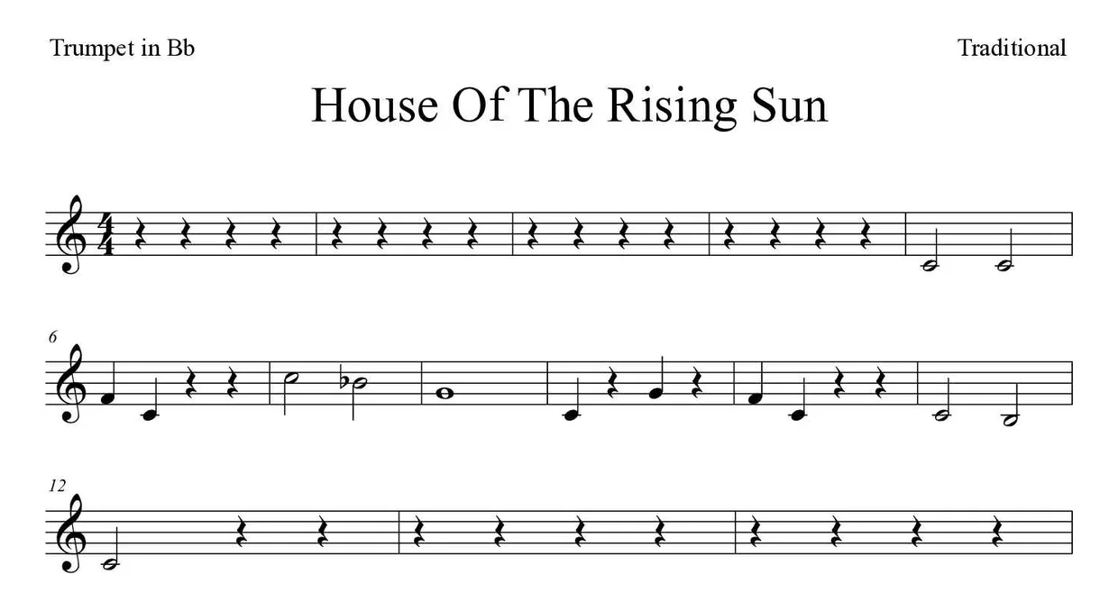 Sheet music of House Of The Rising Sun for trumpet in Bb (Easy), first lines