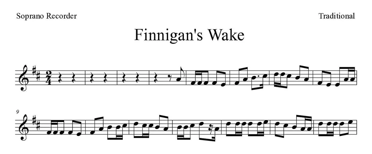 Noten von Finnigan's Wake für Blockflöte (Experte), erste Zeilen