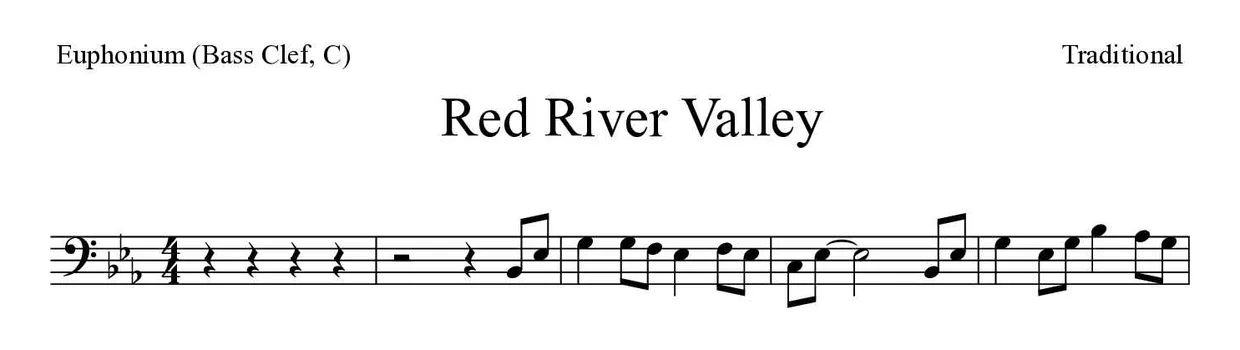 Spartito di Red River Valley per euphonium (bass clef, C), prime righe