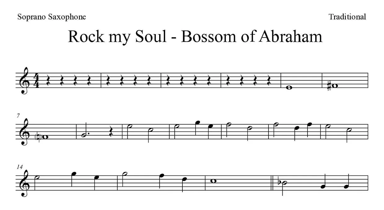 Sheet music of Rock my Soul - Bossom of Abraham for soprano saxophone (Easy), first lines