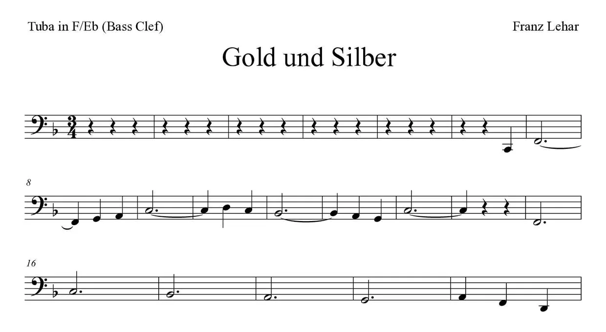 Noten von Gold und Silber für Tuba in F/Es (Bassschlüssel) (Mittel), erste Zeilen