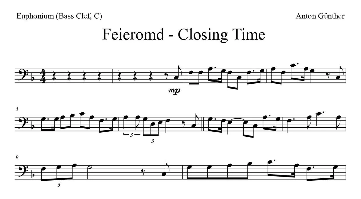 Partition de Feieromd - Closing Time pour euphonium (clé de fa, do), premières lignes