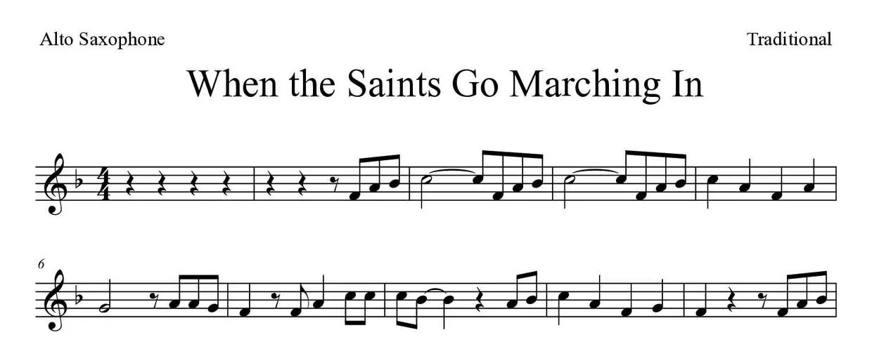 Noten von When the Saints Go Marching In für Altsaxophon (Mittel), erste Zeilen