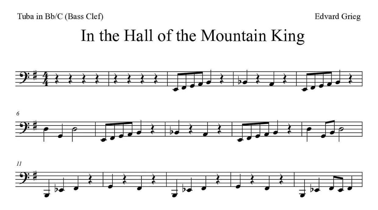 Sheet music of In the Hall of the Mountain King for tuba in Bb/C (bass clef) (Medium), first lines