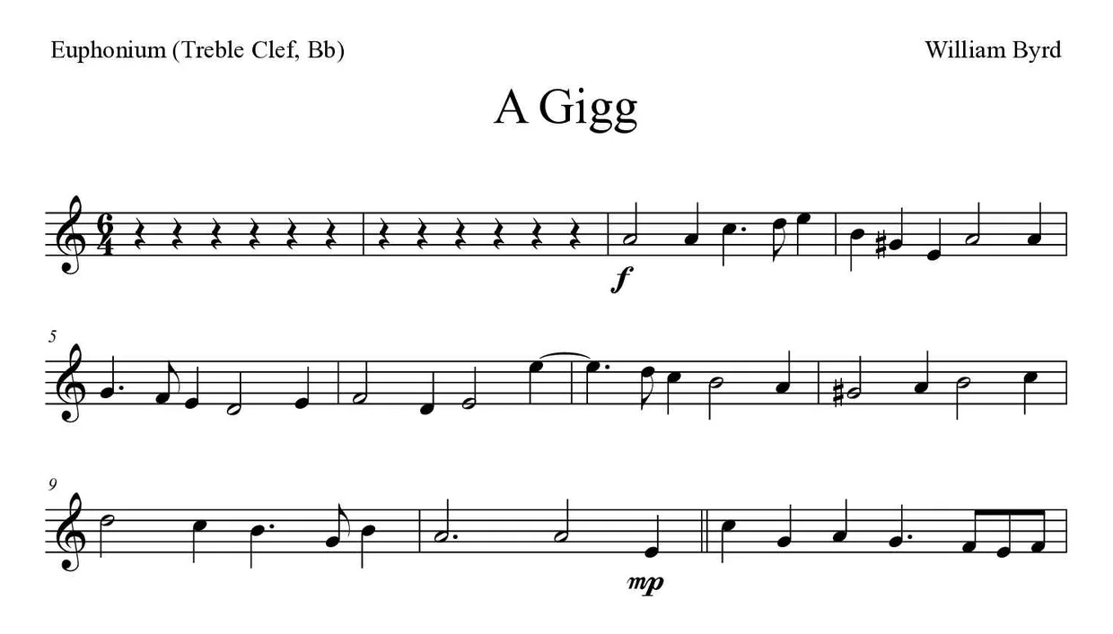 Partition de A Gigg pour euphonium (clé de sol, si bémol), premières lignes