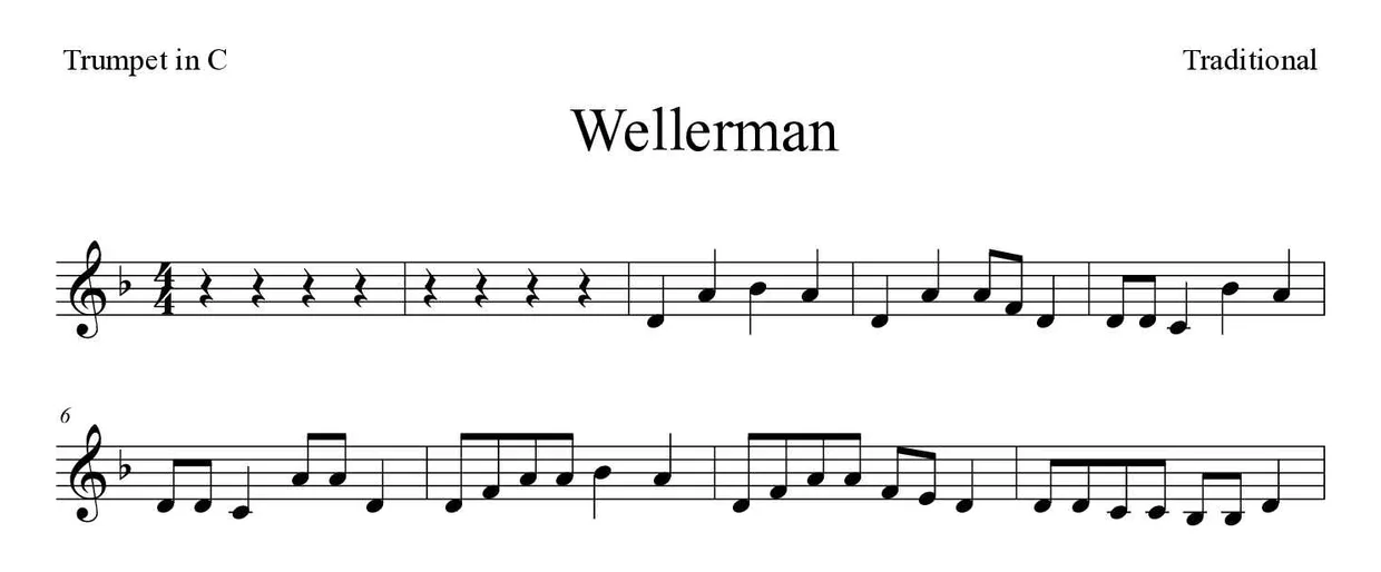 Partitura de Wellerman para trompeta en Do, primeras líneas