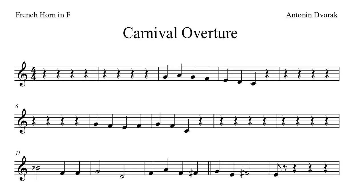 「Carnival Overture」French Horn用楽譜の最初の数段
