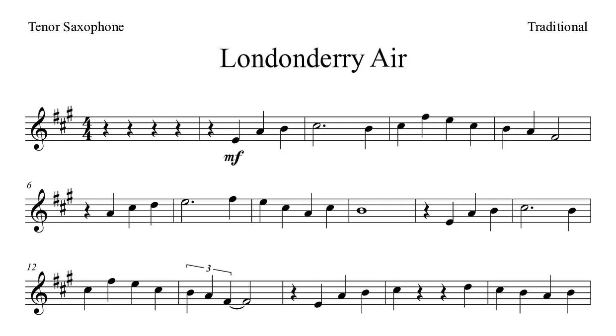 Noten von Londonderry Air für Tenorsaxophon (Schwer), erste Zeilen