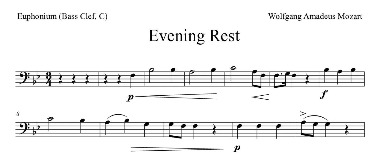 Bladmuziek van Evening Rest voor euphonium (bass clef, C), eerste regels