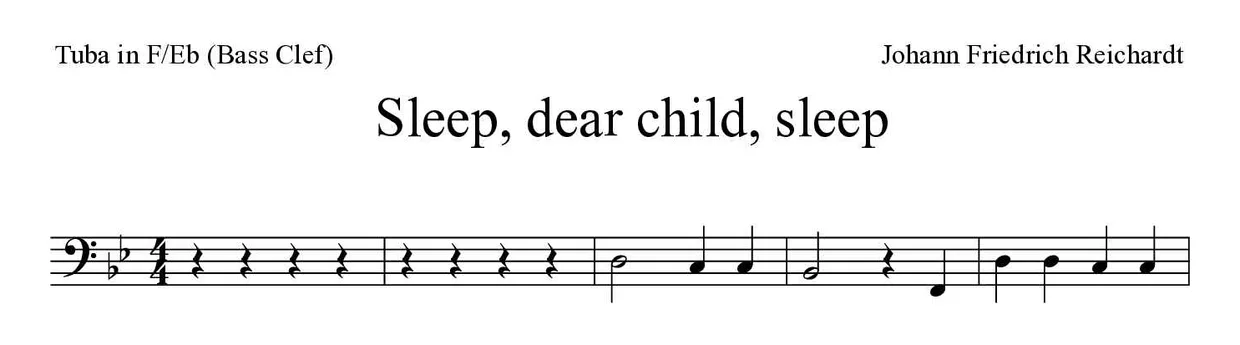 Partitura de Sleep, dear child, sleep para tuba en Fa/Mib (clave de Fa), primeras líneas