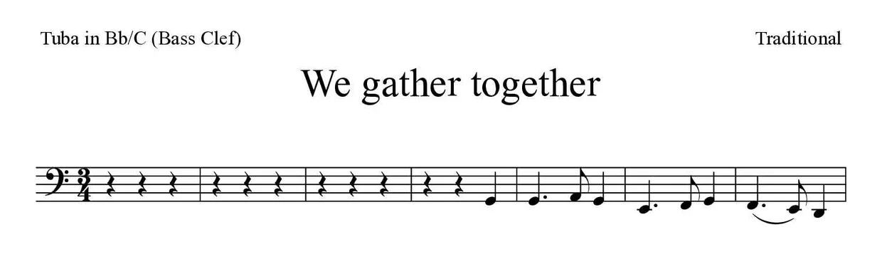 「We gather together」Tuba in Bb/C (Bass Clef)用楽譜の最初の数段