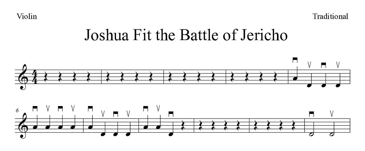 ‘Joshua Fit the Battle of Jericho’ Violin 악보의 첫 몇 줄