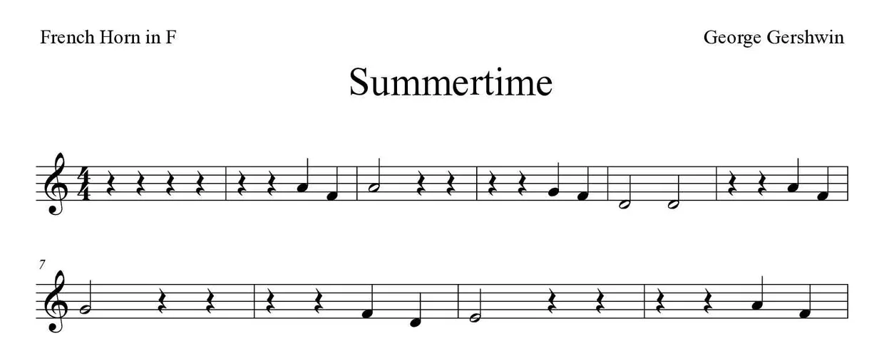 Noten von Summertime für Horn (Einfach), erste Zeilen