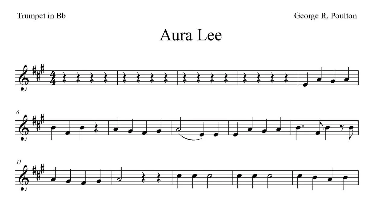 Partitura de Aura Lee para trompete em Sib, primeiras linhas