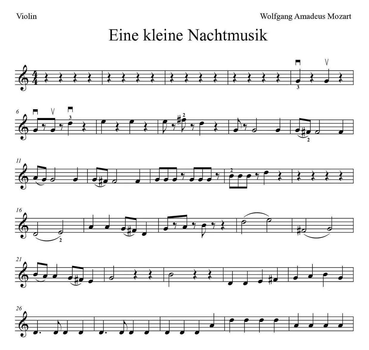 Partition de Eine kleine Nachtmusik  pour violon, premières lignes