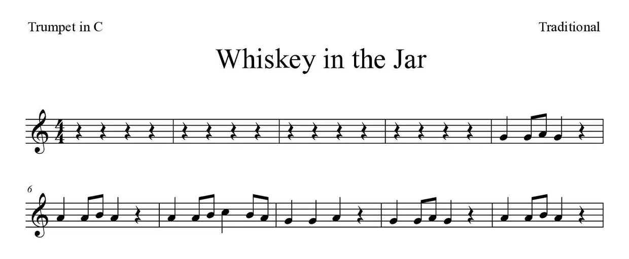 Sheet music of Whiskey in the Jar for trumpet in C (Easy), first lines
