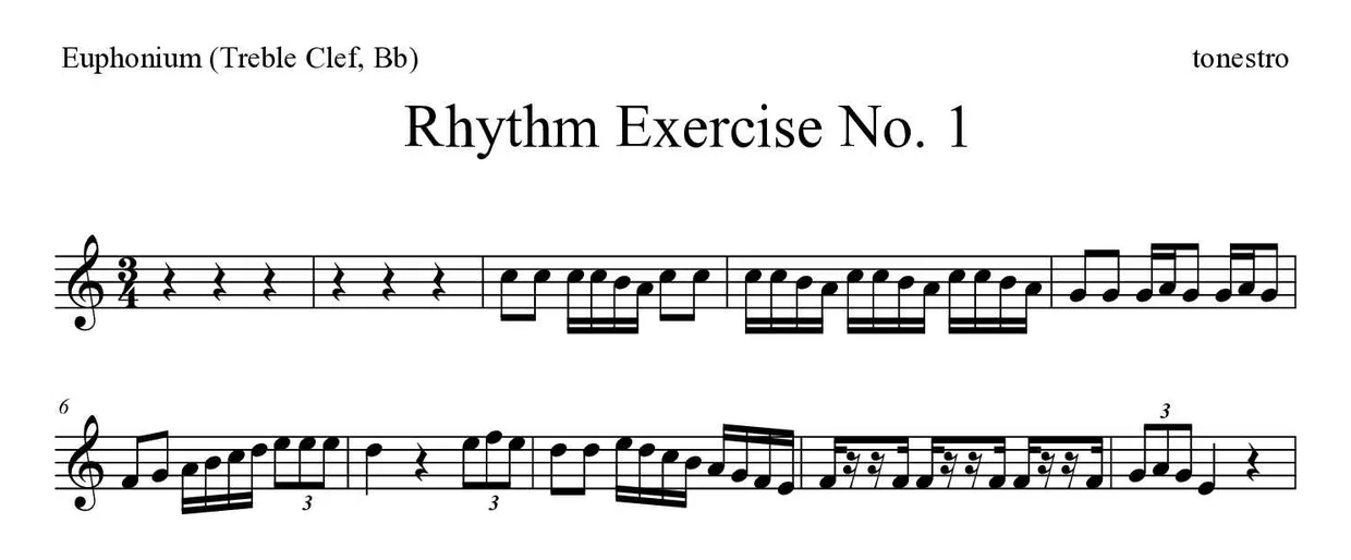 Partition de Rhythm Exercise No. 1 pour euphonium (clé de sol, si bémol), premières lignes