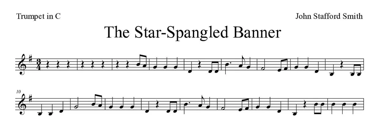 Partitura de The Star-Spangled Banner para trompeta en Do, primeras líneas