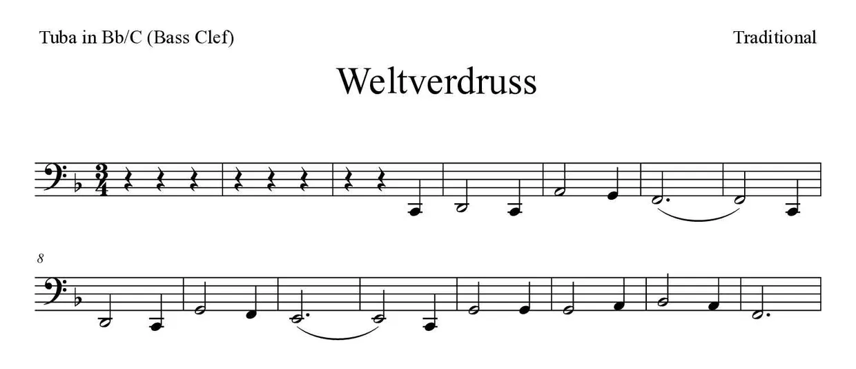 Partitura de Weltverdruss para tuba em Sib/Do (clave de Fa), primeiras linhas