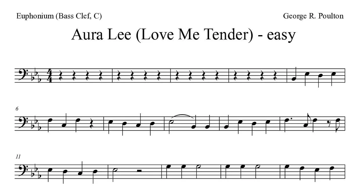 《温柔地爱我，奥拉·李》上低音号（低音谱号，C）乐谱前几行