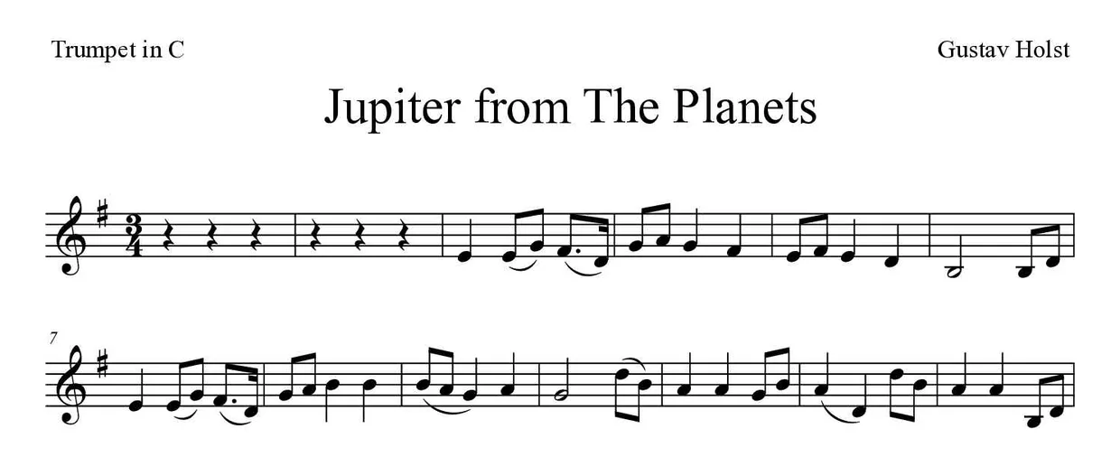 Bladmuziek van Jupiter from The Planets voor trumpet in C, eerste regels