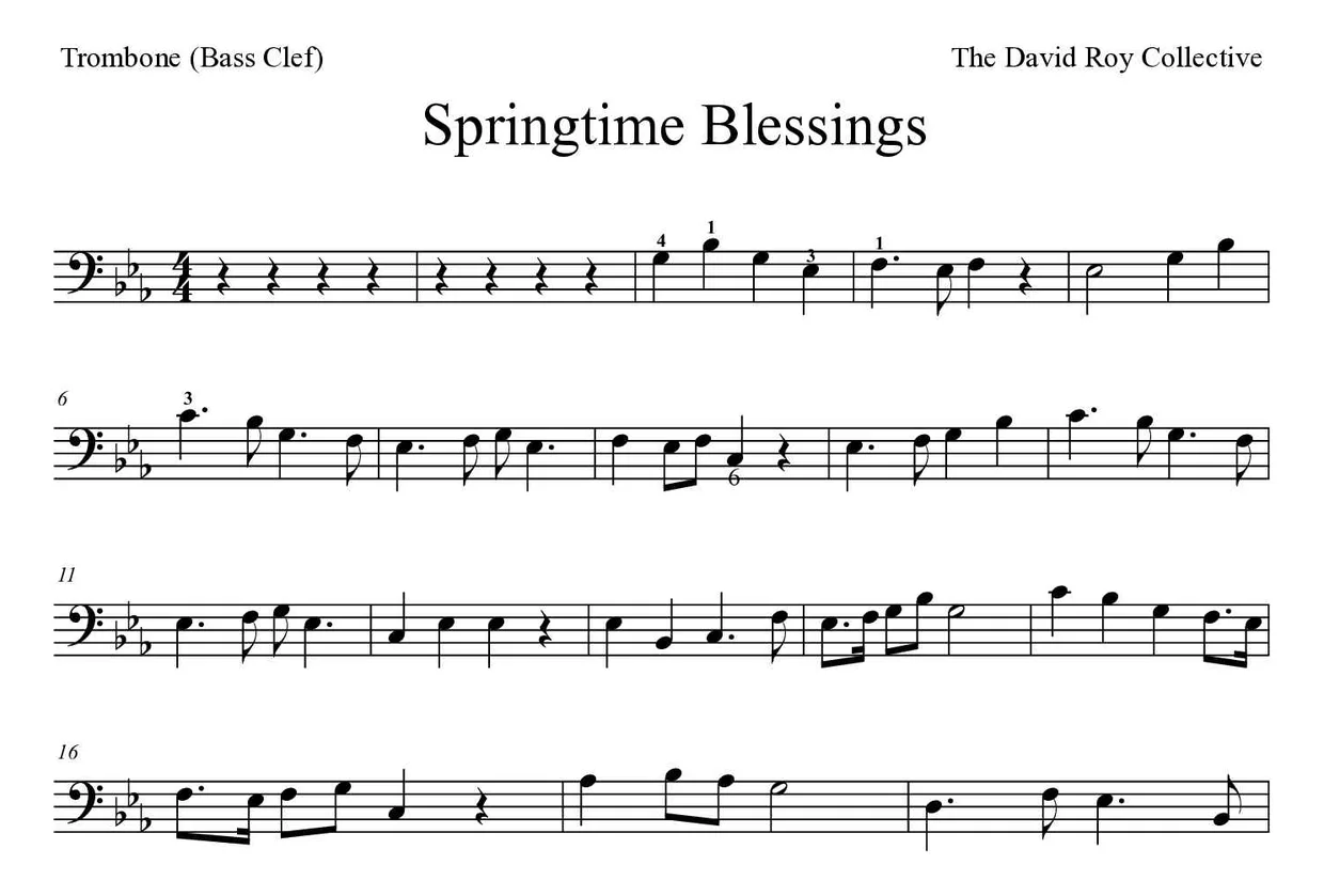Partitura de Springtime Blessings para trombón, primeras líneas