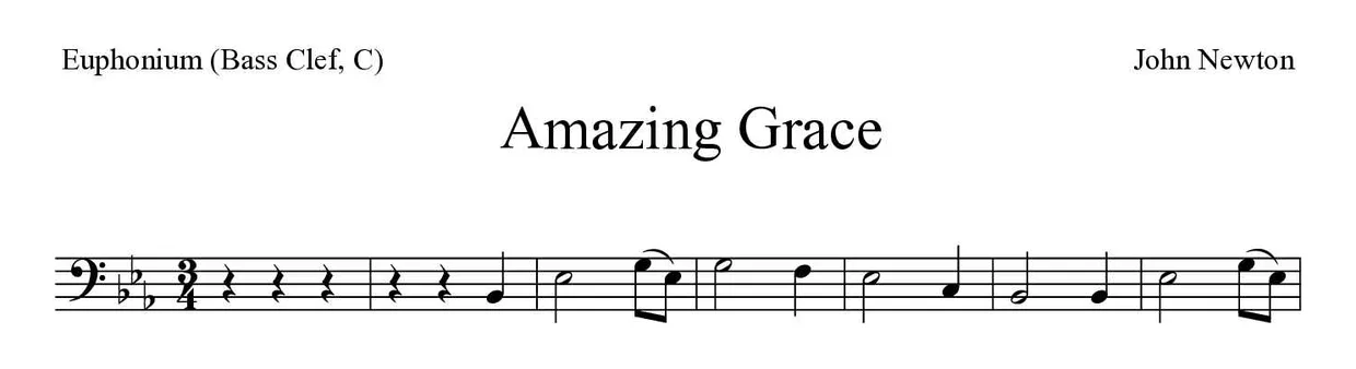 ‘Amazing Grace’ Euphonium (Bass Clef, C) 악보의 첫 몇 줄