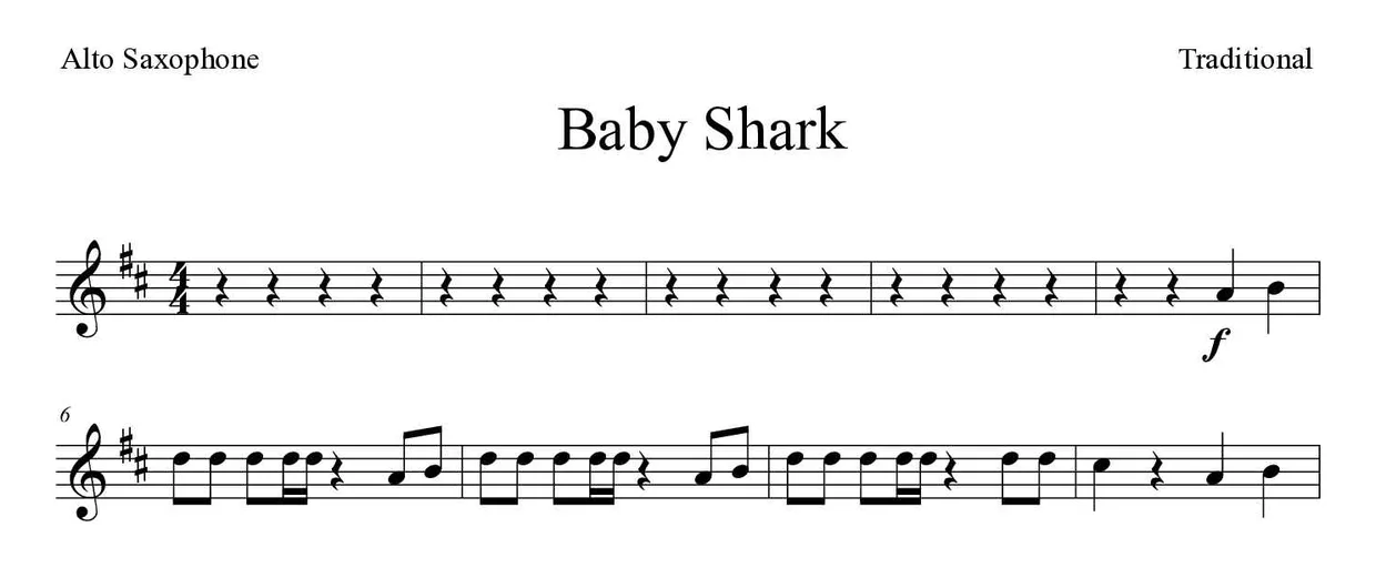 「Baby Shark」Alto Saxophone用楽譜の最初の数段
