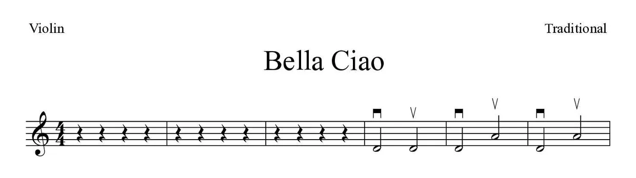 Partitura de Bella Ciao para violín, primeras líneas